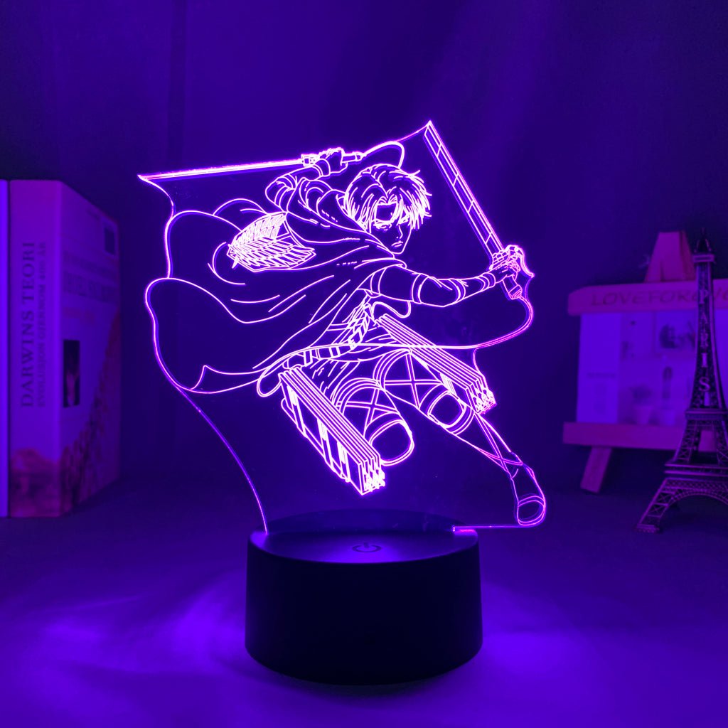 Levi Ackerman LED lamp in purple, combat-ready pose, showcasing his skill and agility from Attack on Titan.
