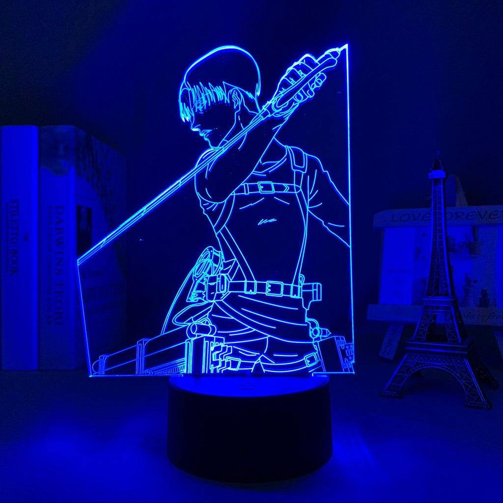 Levi Ackerman Combat Attack On Titan 3D Led Lamp LED lamp in Dark Blue, dynamic combat pose from Attack on Titan, perfect for anime fans.