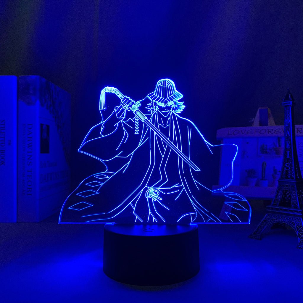 Kisuke Urahara Bleach 3D Led Lamp 1 LED lamp in Dark Blue, dynamic and intense pose from Bleach, perfect for anime fans.
