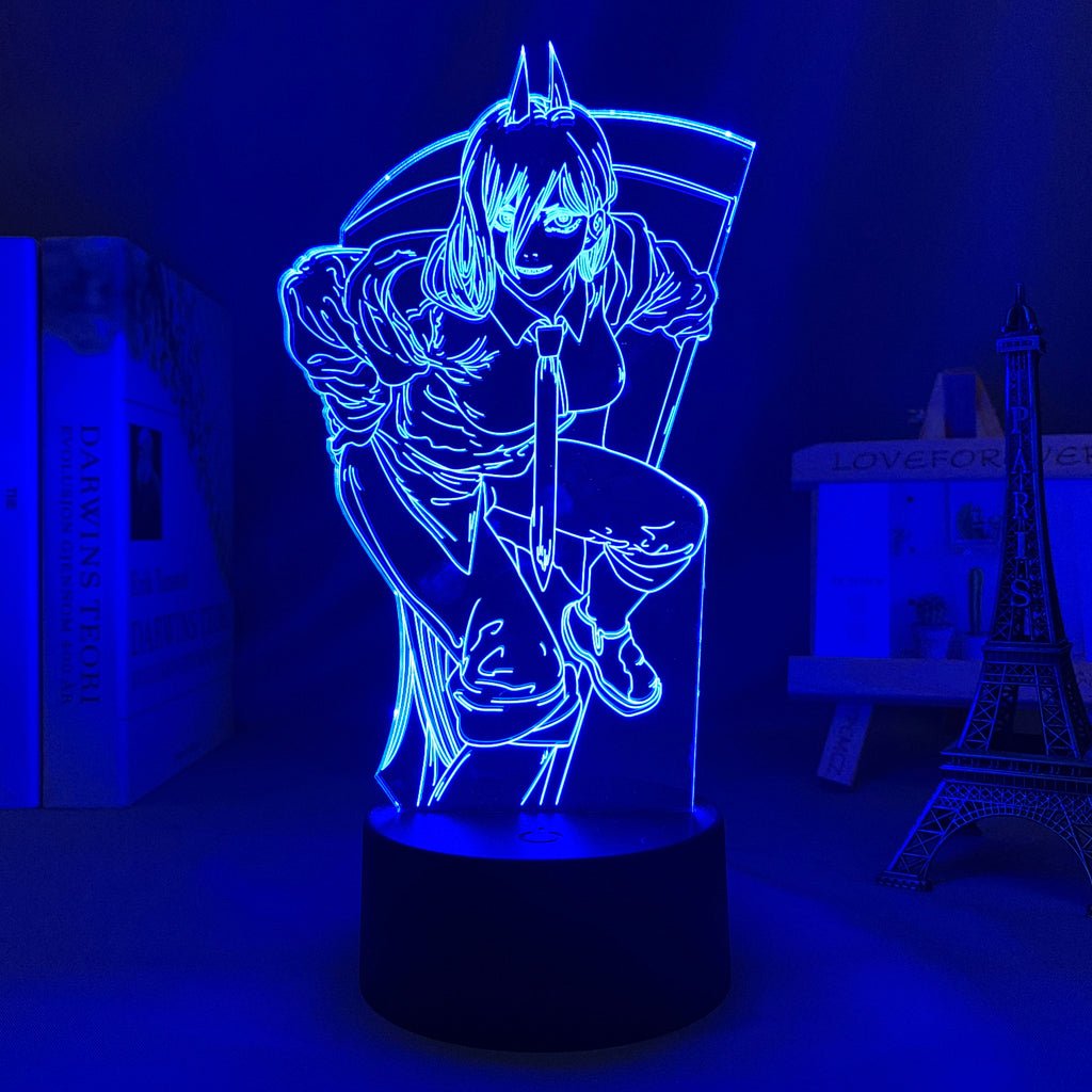 Power Chainsaw Man LED lamp in Dark Blue, wild and unpredictable, displaying her chaotic nature from Chainsaw Man, perfect for anime fans.