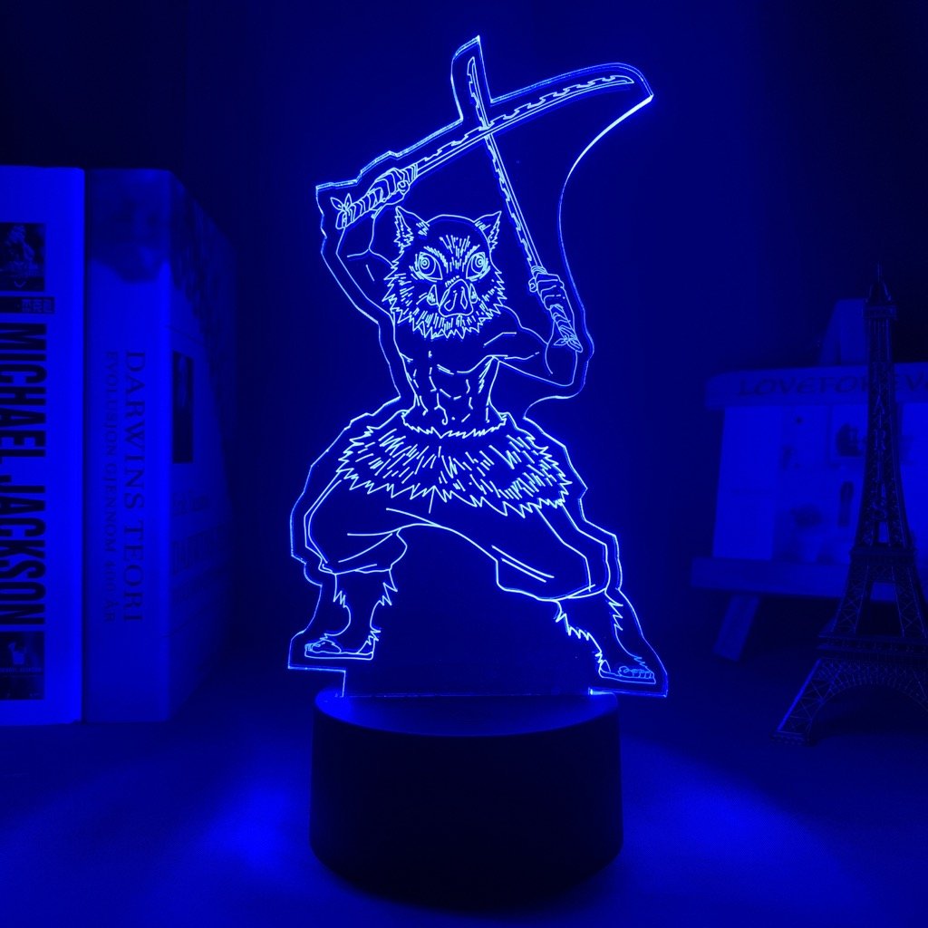 Inosuke Hashibira LED lamp in Light Blue, dynamic and fierce pose from Demon Slayer, perfect for anime fans.