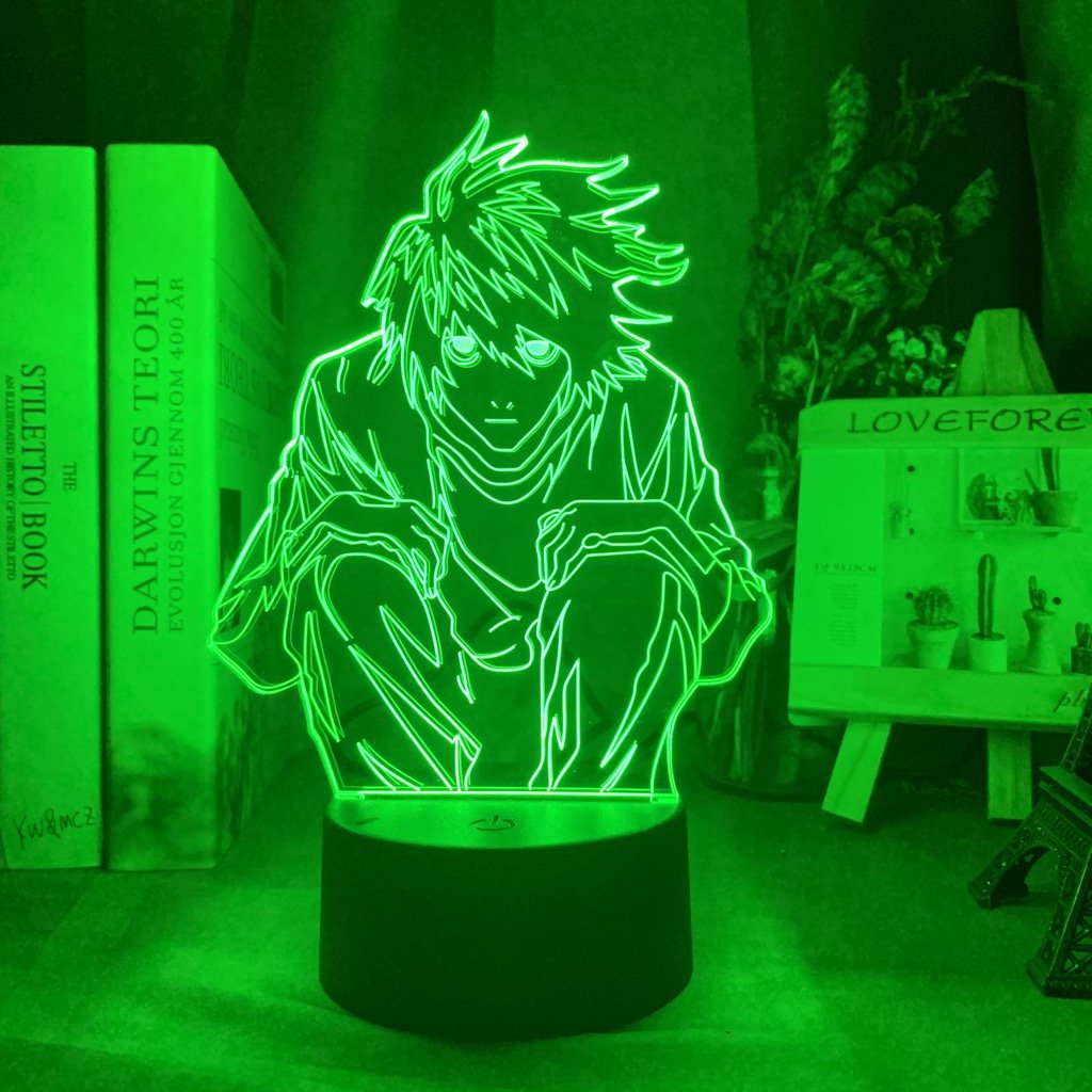 L LED lamp in Green, quirky and eccentric, with a focus on his deep analysis and deductive skills from Death Note, perfect for anime fans.