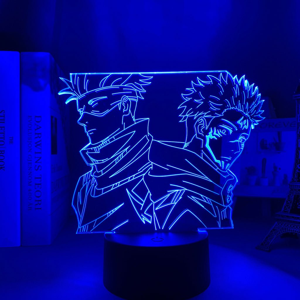 Gojo vs Sukuna Jujutsu Kaisen 3D LED Lamp in dark blue, highlighting the breathtaking combat between two of Jujutsu Kaisen’s most powerful characters.