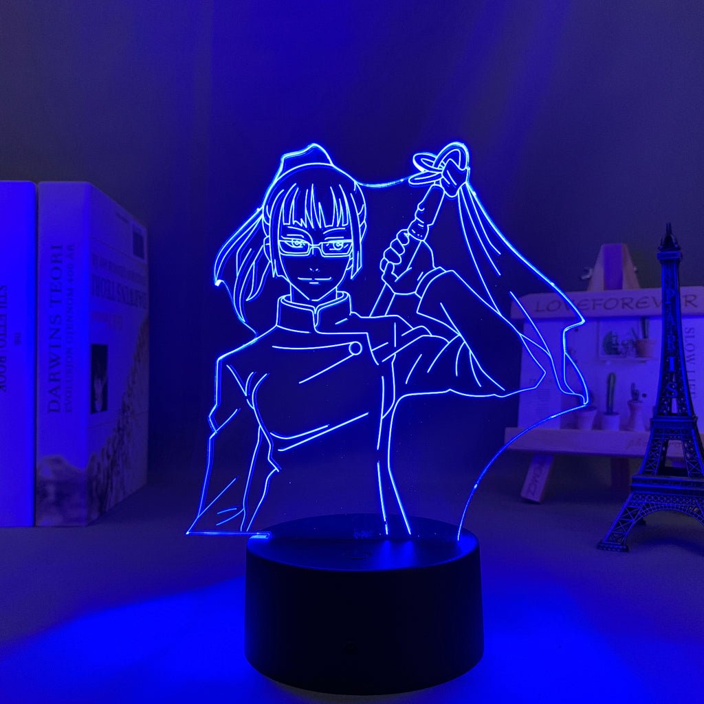 Maki Zenin Jujutsu Kaisen 3D LED Lamp in Dark Blue, showcasing the character in a dynamic pose from Jujutsu Kaisen, perfect for anime fans.
