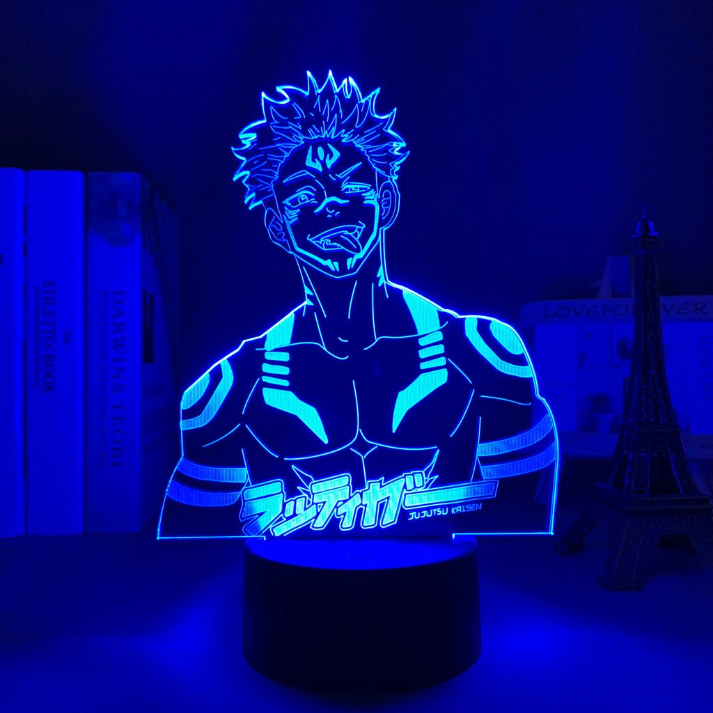 Sukuna JJK Jujutsu Kaisen 3D LED Lamp in Dark Blue, showcasing the character in a dynamic pose from Jujutsu Kaisen, perfect for anime fans.
