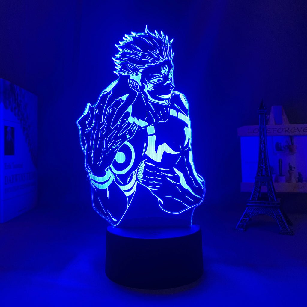 Sukuna Jujutsu Kaisen 3D LED Lamp in Dark Blue, showcasing the character in a dynamic pose from Jujutsu Kaisen, perfect for anime fans.