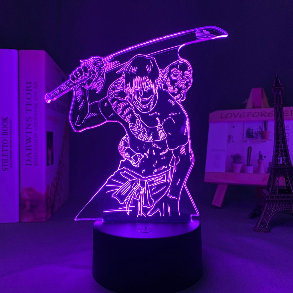 Toji Fushiguro Jujutsu Kaisen 3D LED Lamp in purple, featuring the ruthless and skilled fighter in his iconic pose, perfect for fans who admire fierce strength.
