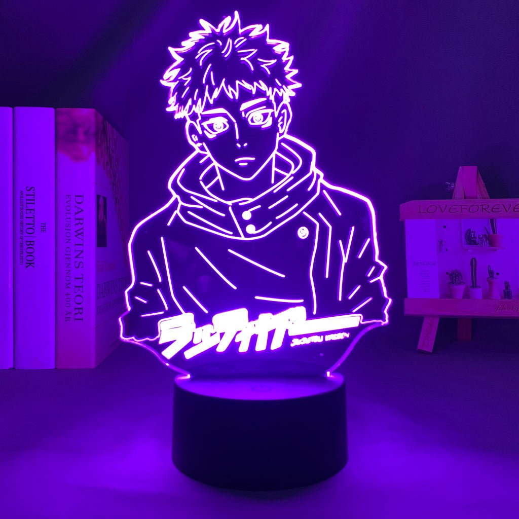 Yuji Itadori Jujutsu Kaisen 3D LED Lamp in Purple, showcasing the character in a dynamic pose from Jujutsu Kaisen, perfect for anime fans.