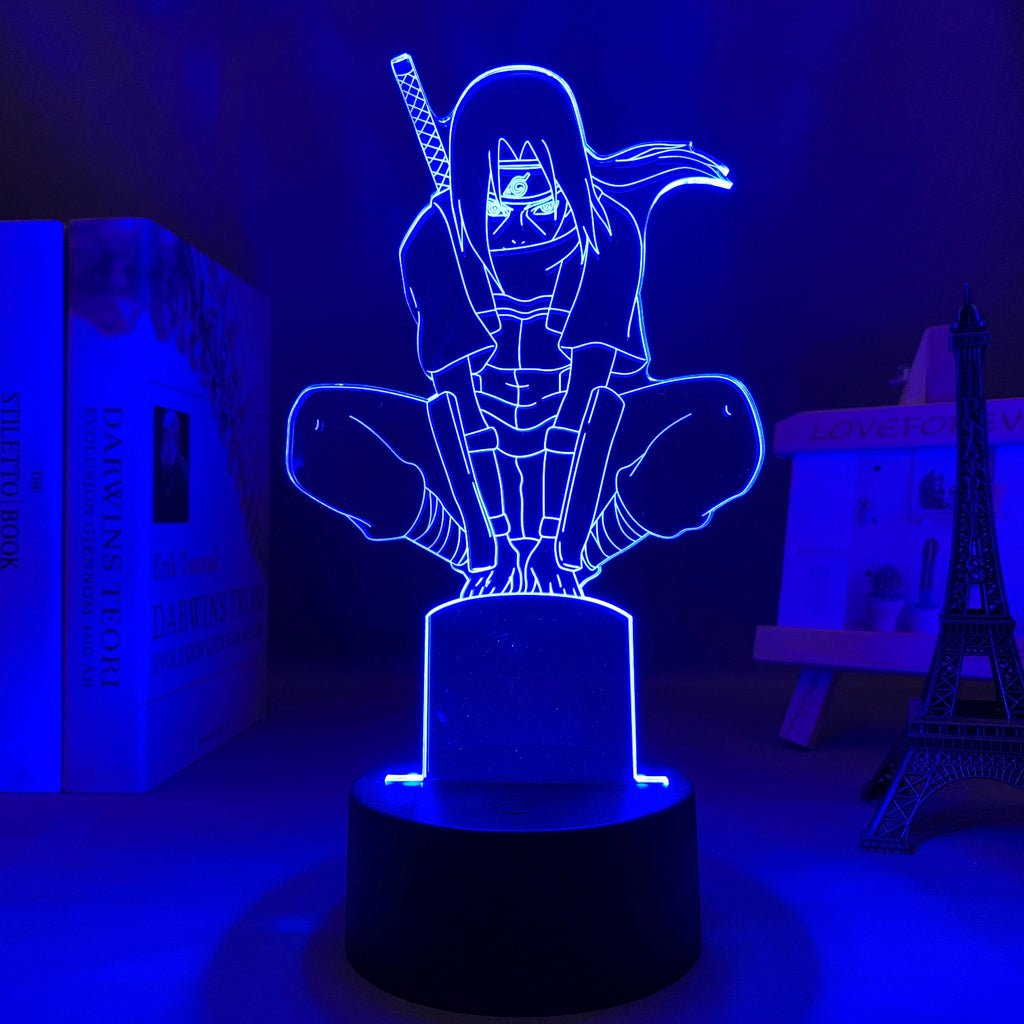 Itachi Uchiha LED lamp in Dark Blue, dynamic and intense pose from Naruto, perfect for anime fans.