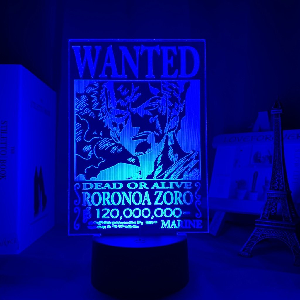 Zoro Bounty LED lamp in Dark Blue, stoic and fierce, representing his unyielding will to be the strongest swordsman from One Piece, perfect for anime fans.