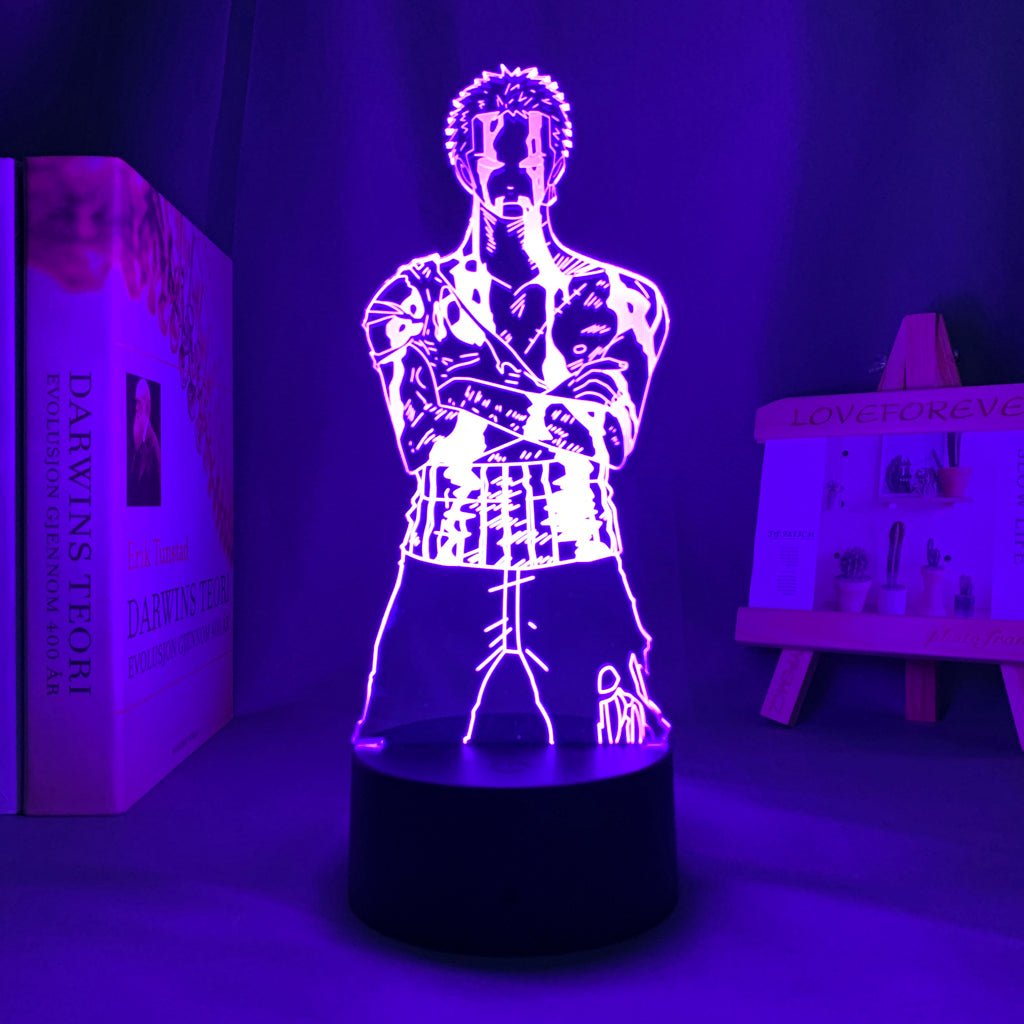 Zoro LED lamp in Purple, stoic and fierce, representing his unyielding will to be the strongest swordsman from One Piece, perfect for anime fans.