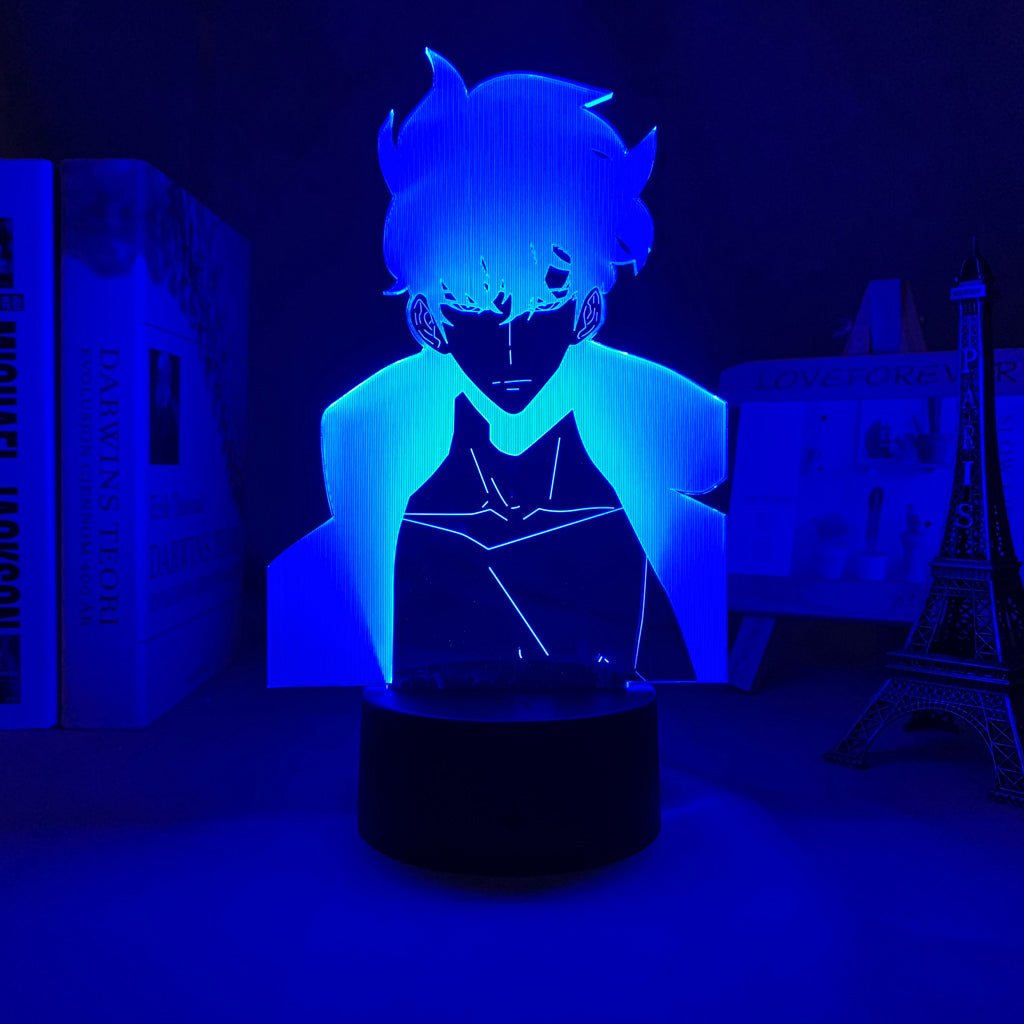 Sung Jin-Woo Solo Leveling LED lamp in Dark Blue, dynamic and powerful, showcasing his growth from a weak hunter to the strongest in the world, perfect for anime fans.