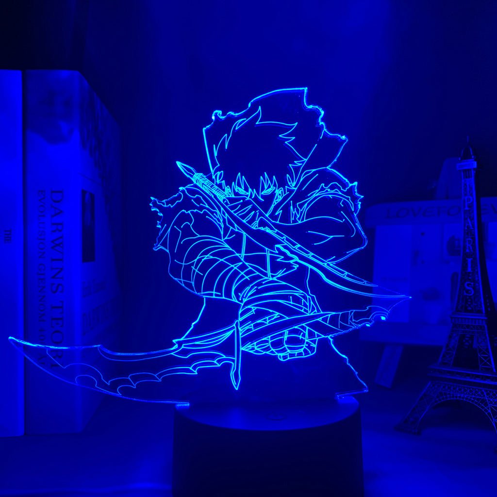 Sung Jin-Woo Solo Leveling LED lamp in Dark Blue, dynamic and powerful, showcasing his growth from a weak hunter to the strongest in the world, perfect for anime fans.