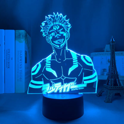Sukuna JJK Jujutsu Kaisen 3D LED Lamp in Light Blue, showcasing the character in a dynamic pose from Jujutsu Kaisen, perfect for anime fans.