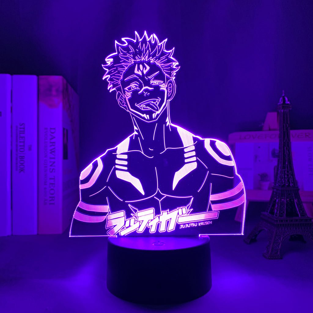 Sukuna JJK Jujutsu Kaisen 3D LED Lamp in Purple, showcasing the character in a dynamic pose from Jujutsu Kaisen, perfect for anime fans.